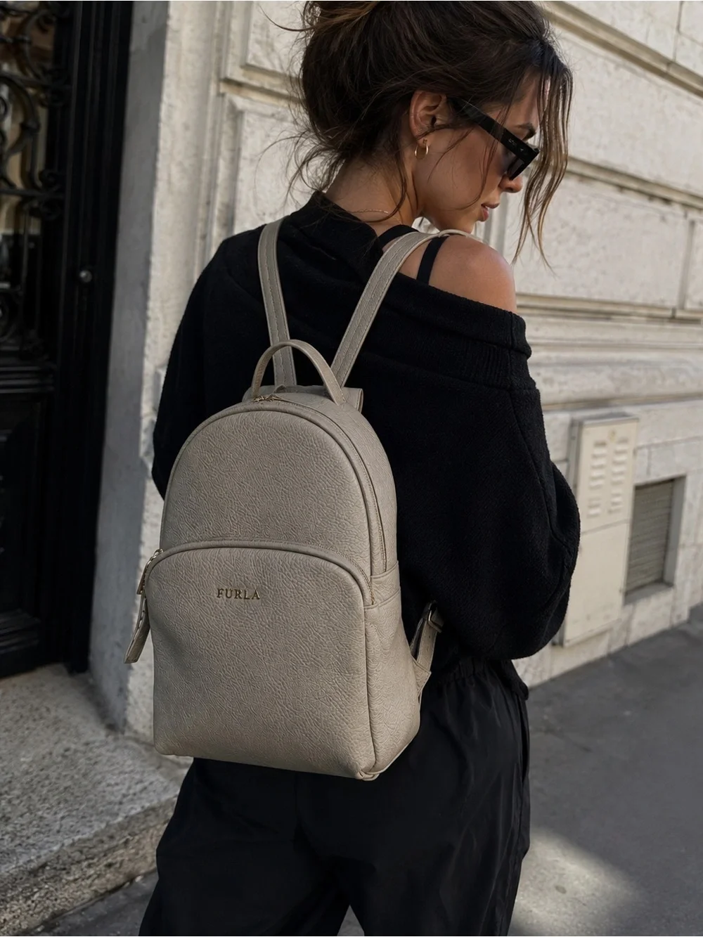 Furla Frida Italian Lux Soft gray Pebbled Leather Backpack